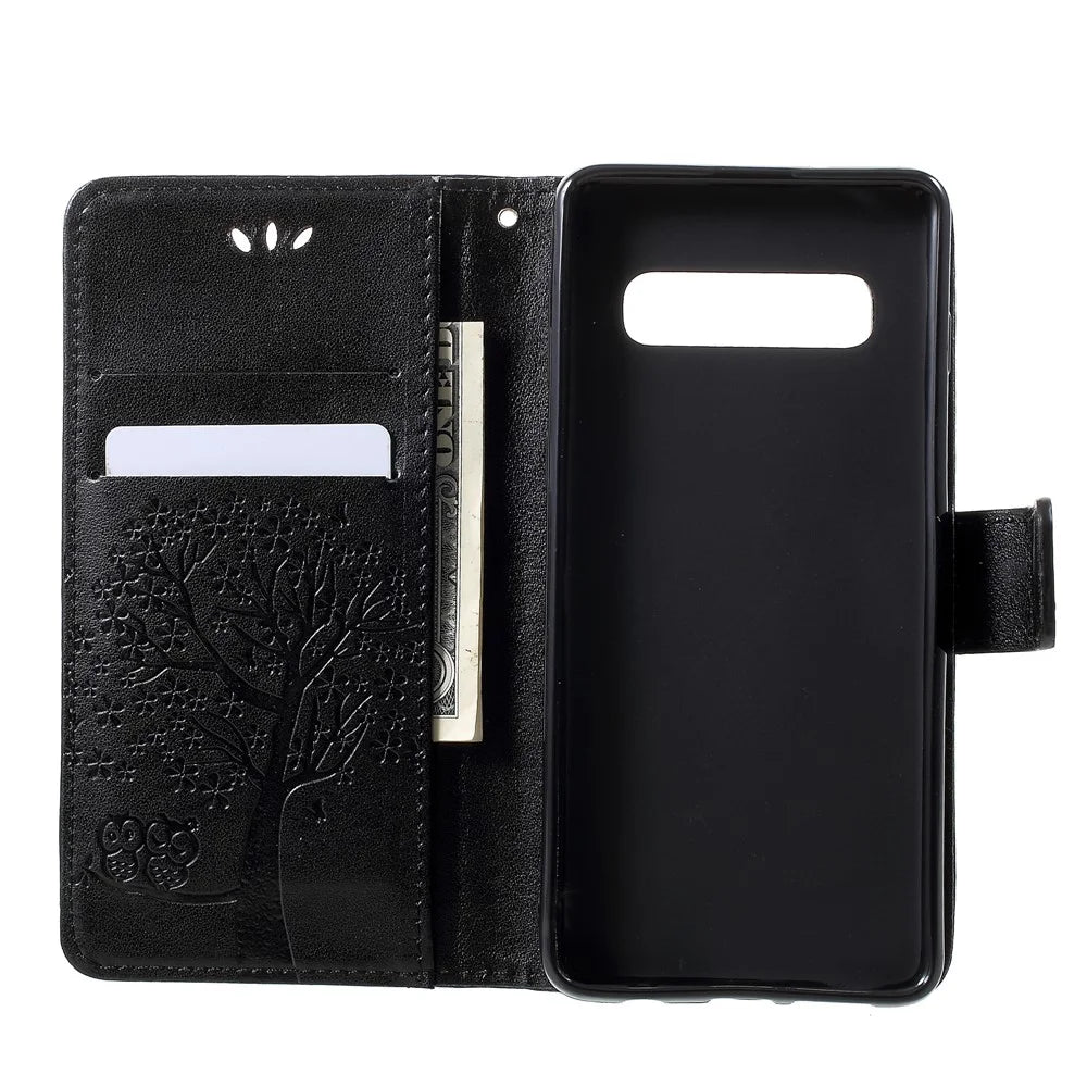 Imprint Tree Owl Pattern PU Leather Wallet Case for Samsung Galaxy S10 - Black - 5