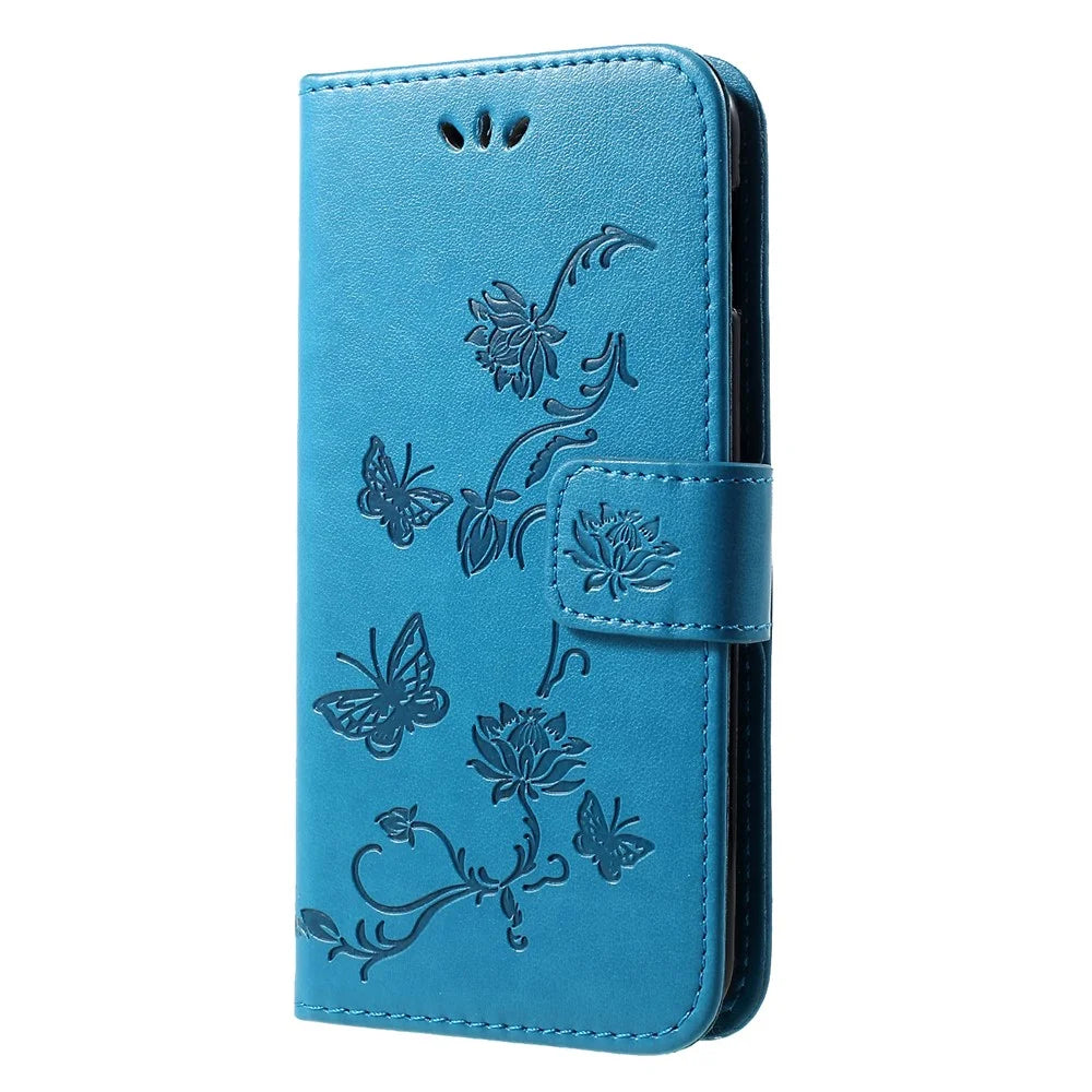 Imprint Butterfly Flower Wallet Stand Leather Cell Phone Case for Samsung Galaxy S10e - Blue - 3