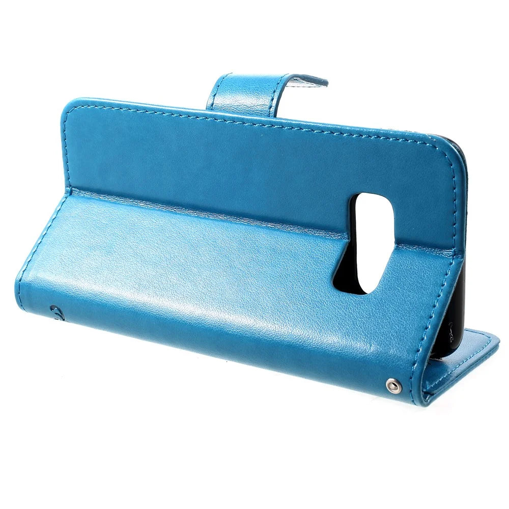 Imprint Butterfly Flower Wallet Stand Leather Cell Phone Case for Samsung Galaxy S10e - Blue - 4