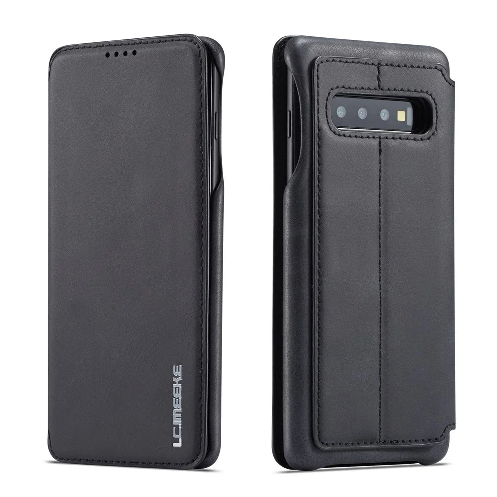 LC.IMEEKE Retro Style Leather Card Holder Case for Samsung Galaxy S10 Plus - Black - 1