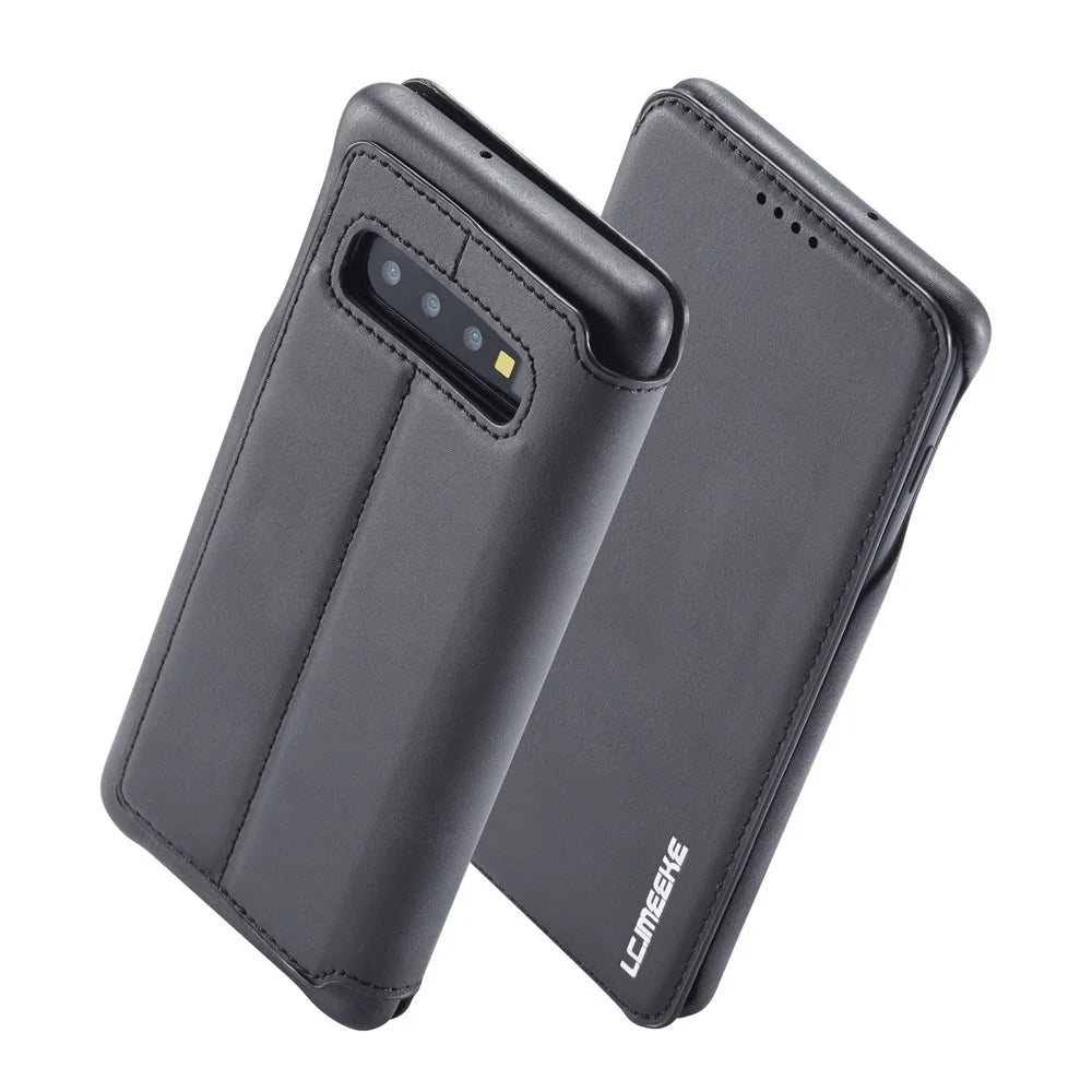 LC.IMEEKE Retro Style Leather Card Holder Case for Samsung Galaxy S10 Plus - Black - 2