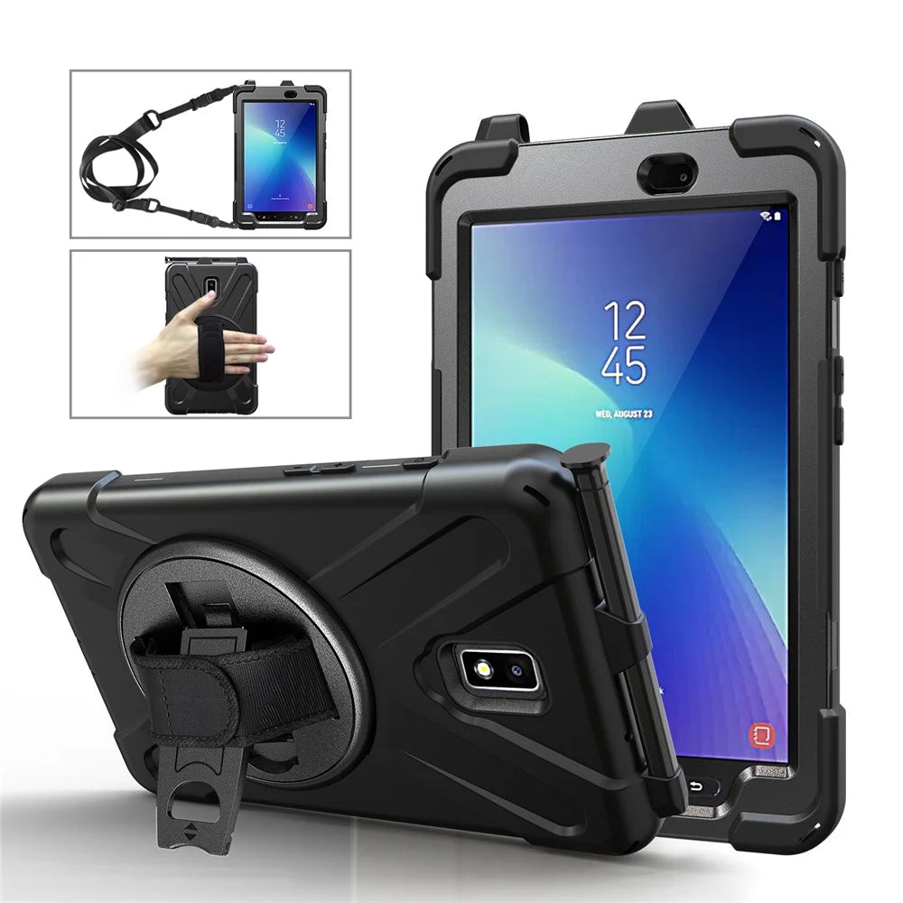 For Samsung Galaxy Tab Active 2 8.0 T395 / T390 [X-Shape] PC + TPU Combo Case with Kickstand Shoulder Strap - All Black - 2