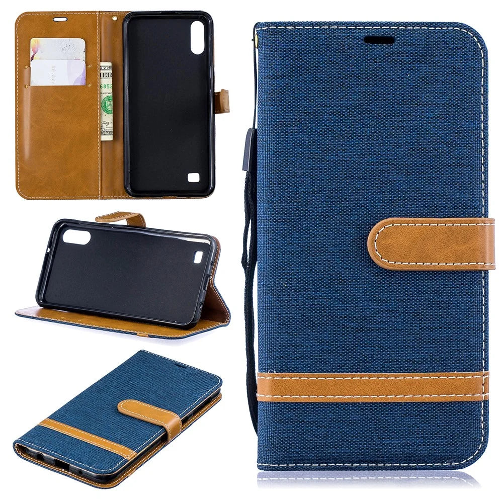 Assorted Color Jeans Cloth Wallet Stand Leather Case for Samsung Galaxy A10 - Dark Blue - 1