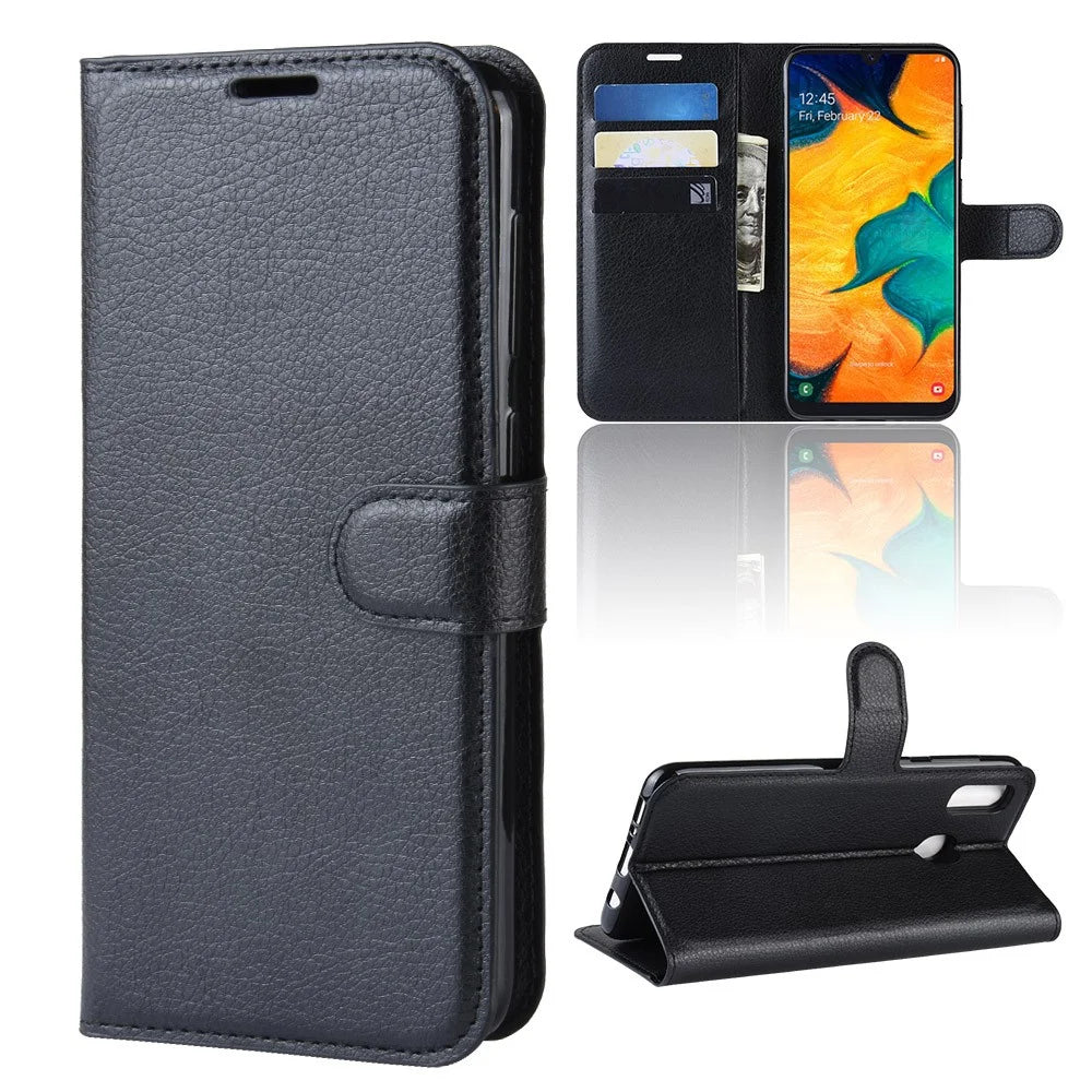 Litchi Skin PU Leather Wallet Stand Mobile Casing for Samsung Galaxy A30 / A20 - Black - 2