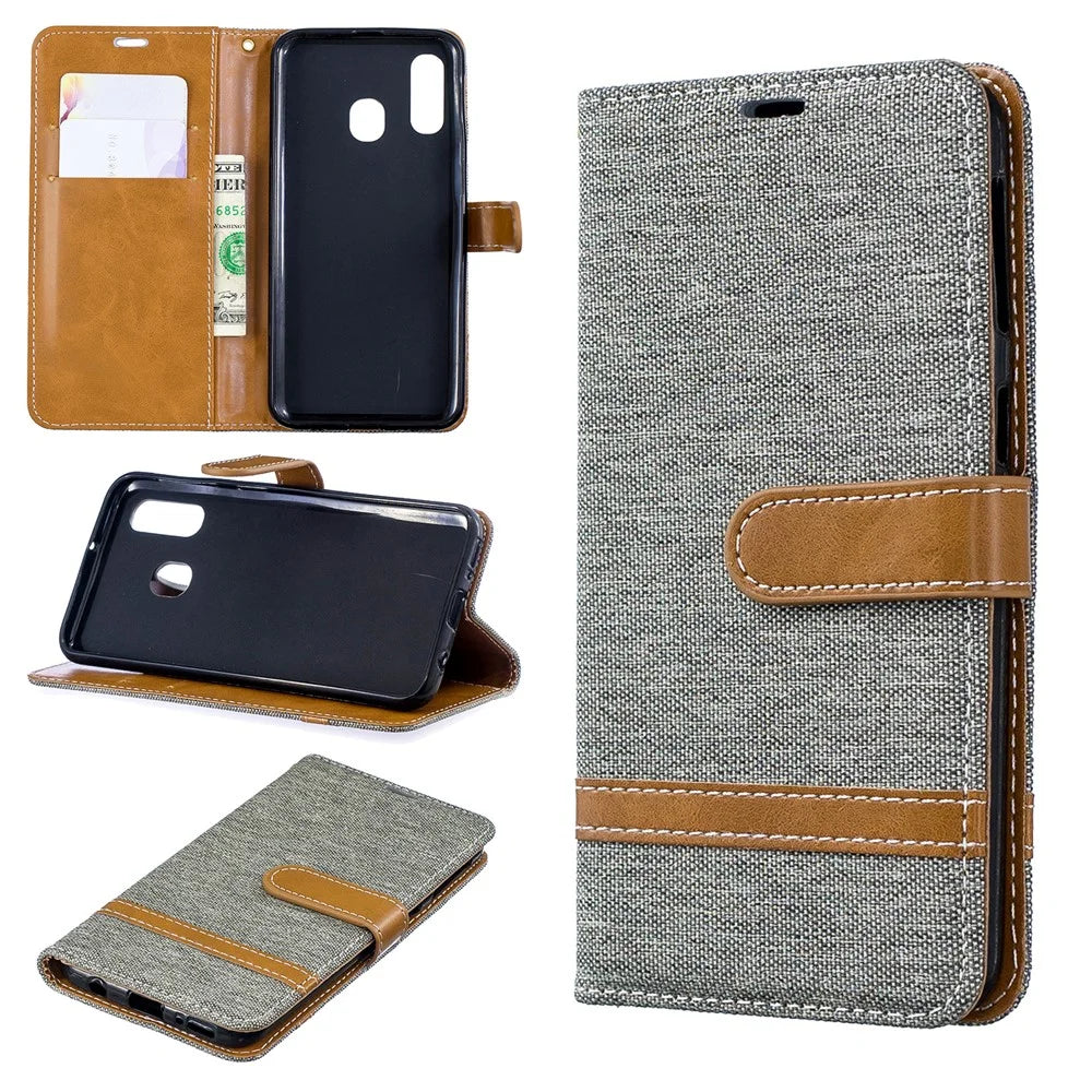 Assorted Color Jeans Cloth Wallet Leather Case Cover for Samsung Galaxy A40 - Grey - 1