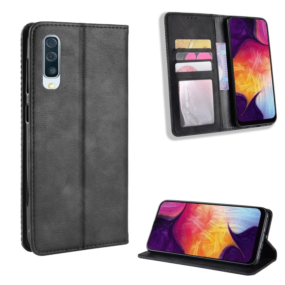 Vintage Style PU Leather Wallet Phone Case for Samsung Galaxy A70 - Black - 1