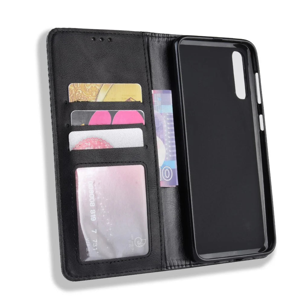 Vintage Style PU Leather Wallet Phone Case for Samsung Galaxy A70 - Black - 4