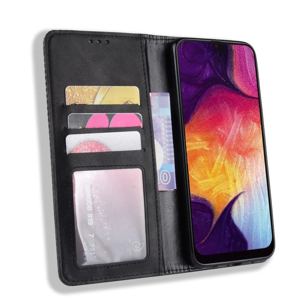 Vintage Style PU Leather Wallet Phone Case for Samsung Galaxy A70 - Black - 5