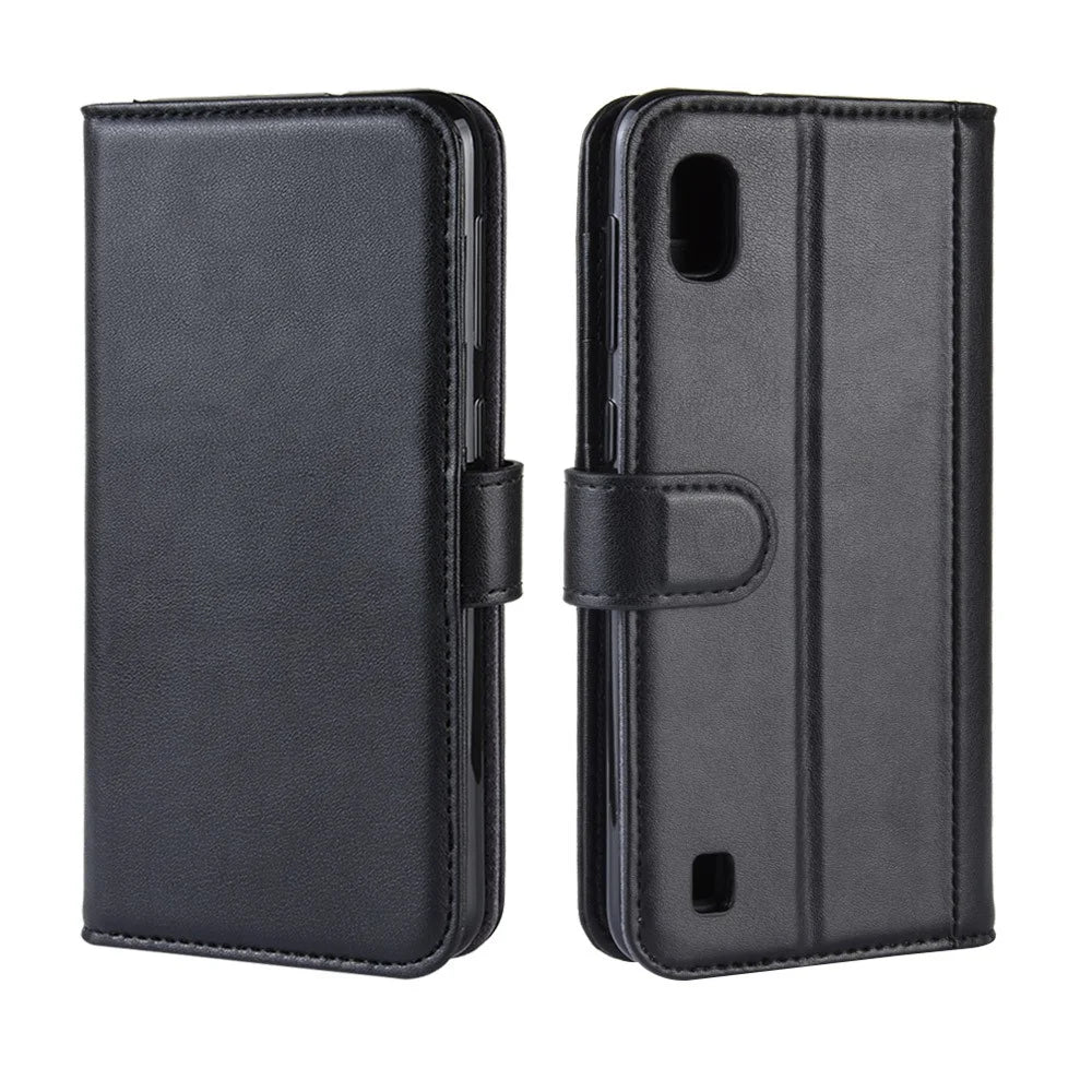 For Samsung Galaxy A10 Phone Cases Genuine Split Leather Wallet Mobile Cover Stand - Black - 2