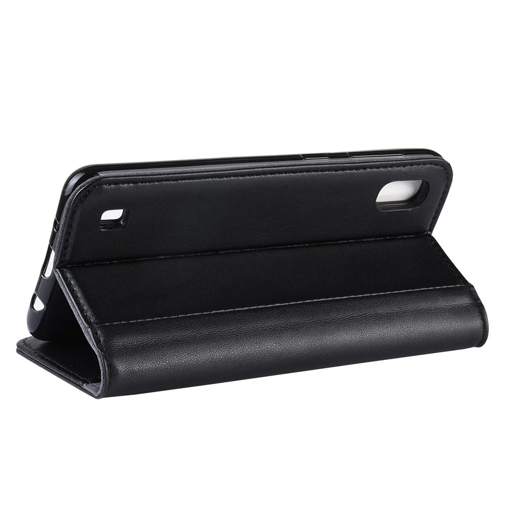 For Samsung Galaxy A10 Phone Cases Genuine Split Leather Wallet Mobile Cover Stand - Black - 5