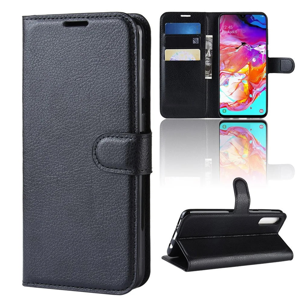 Litchi Skin PU Leather Magnetic Wallet Stand Case for Samsung Galaxy A70 - Black - 2