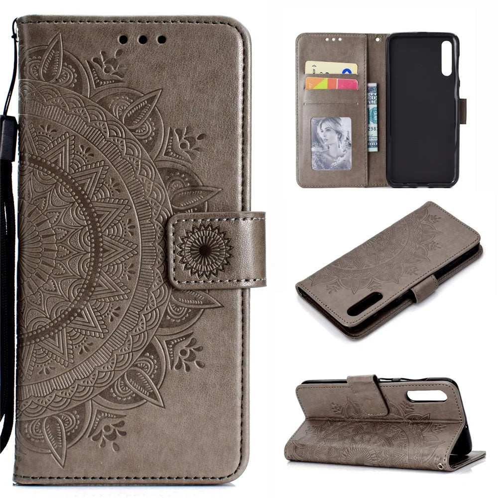 Imprint Flower Leather Wallet Case for Samsung Galaxy A50 / A50s / A30s - Grey - 1