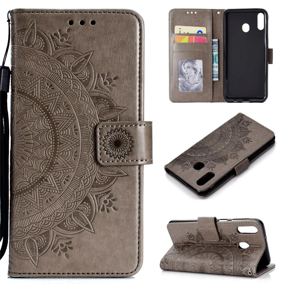 Imprint Flower Leather Wallet Case for Samsung Galaxy A30/A20 - Grey - 1