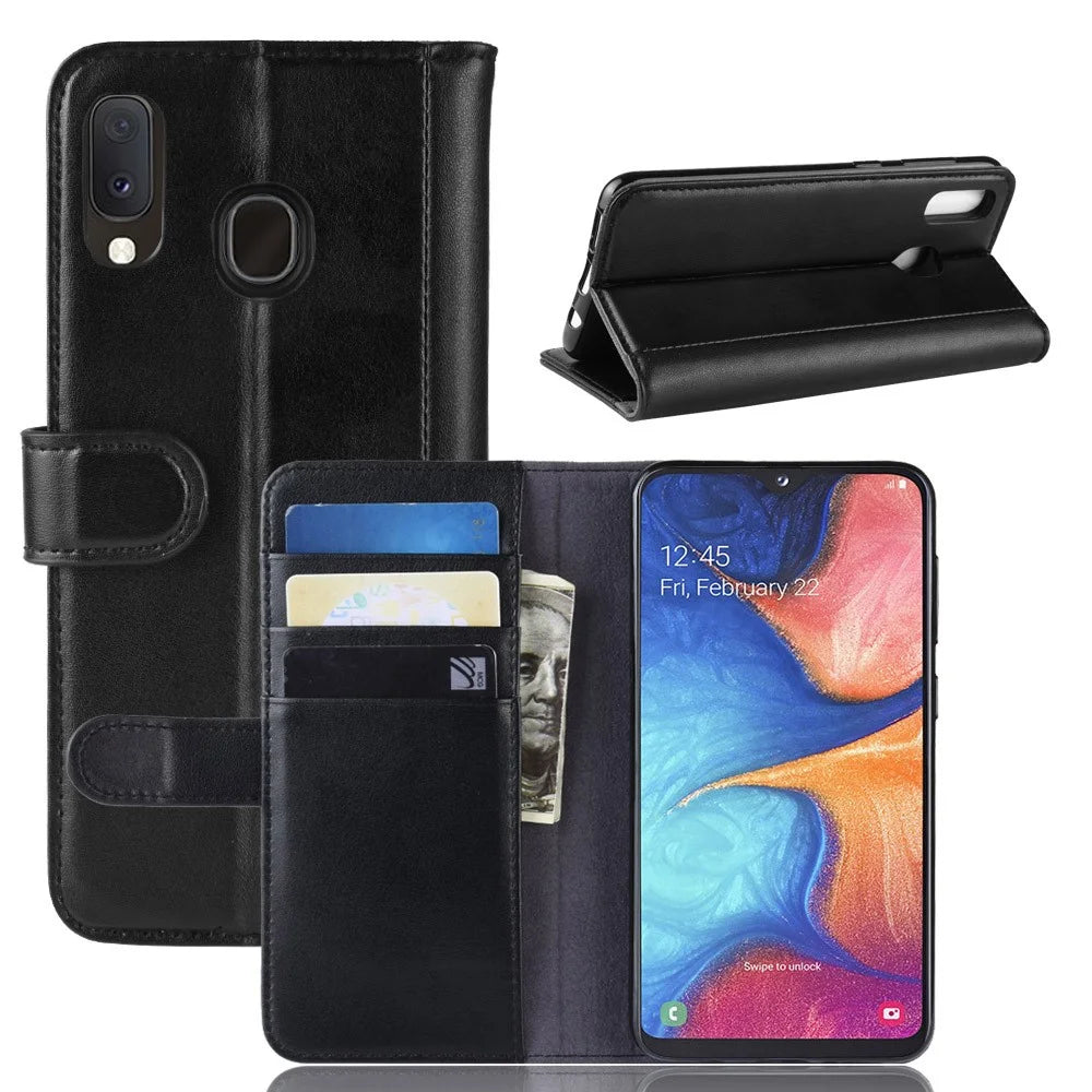 For Samsung Galaxy A20e Phone Cases Genuine Split Leather Wallet Mobile Cover Stand - Black - 1