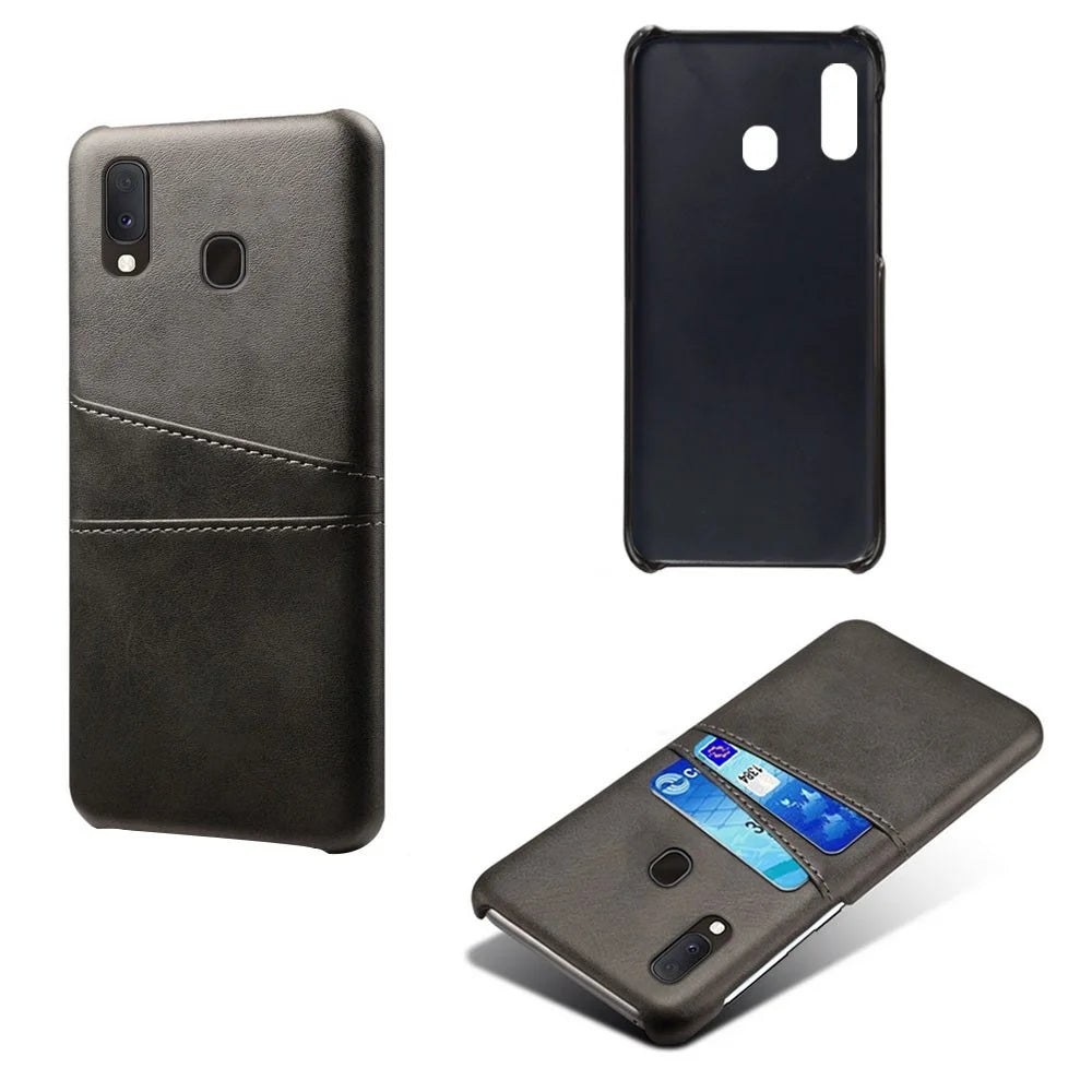 Double Card Slots PU Leather Coated PC Case for Samsung Galaxy A20e - Black - 2