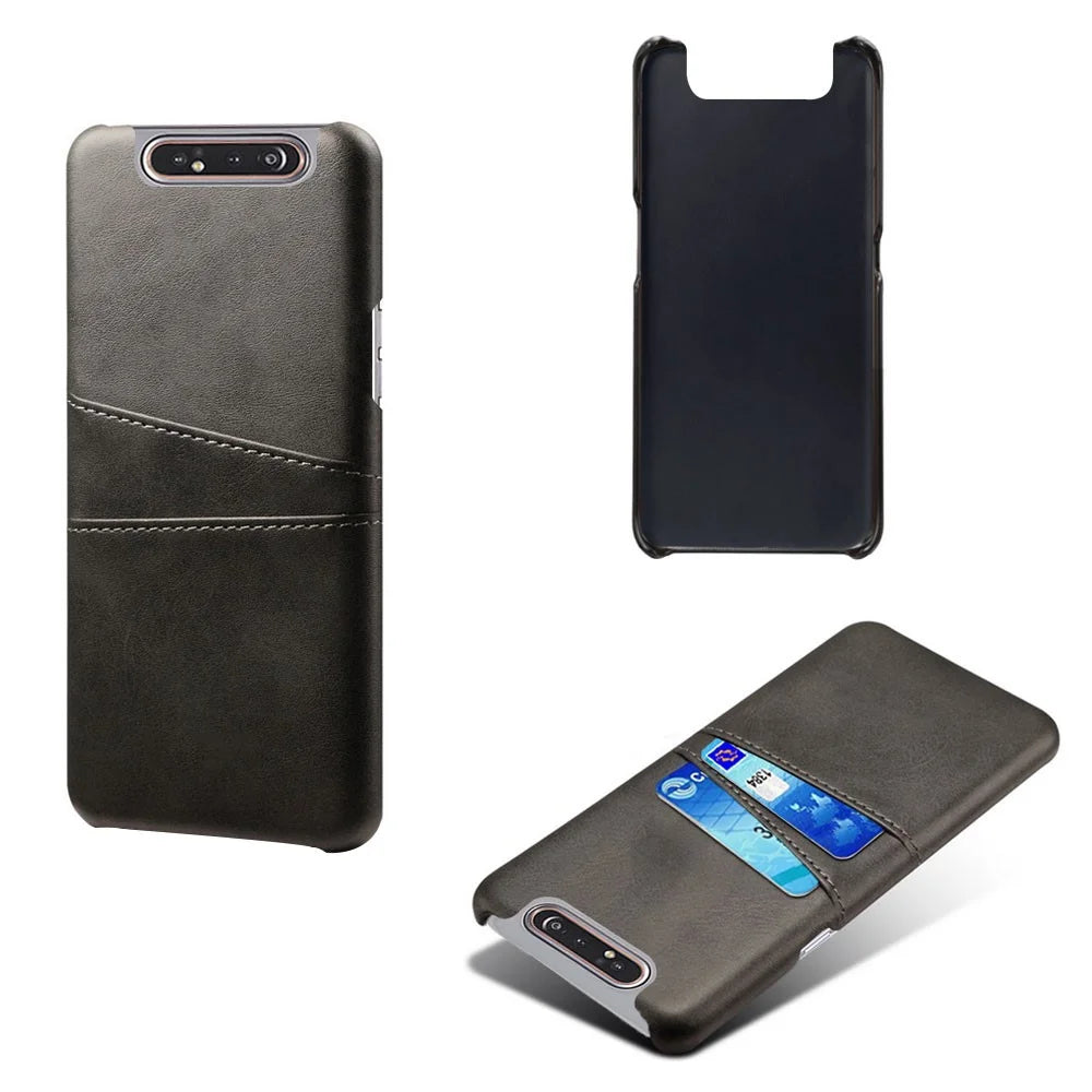Double Card Slots PU Leather Coated PC Case for Samsung Galaxy A80 - Black - 3