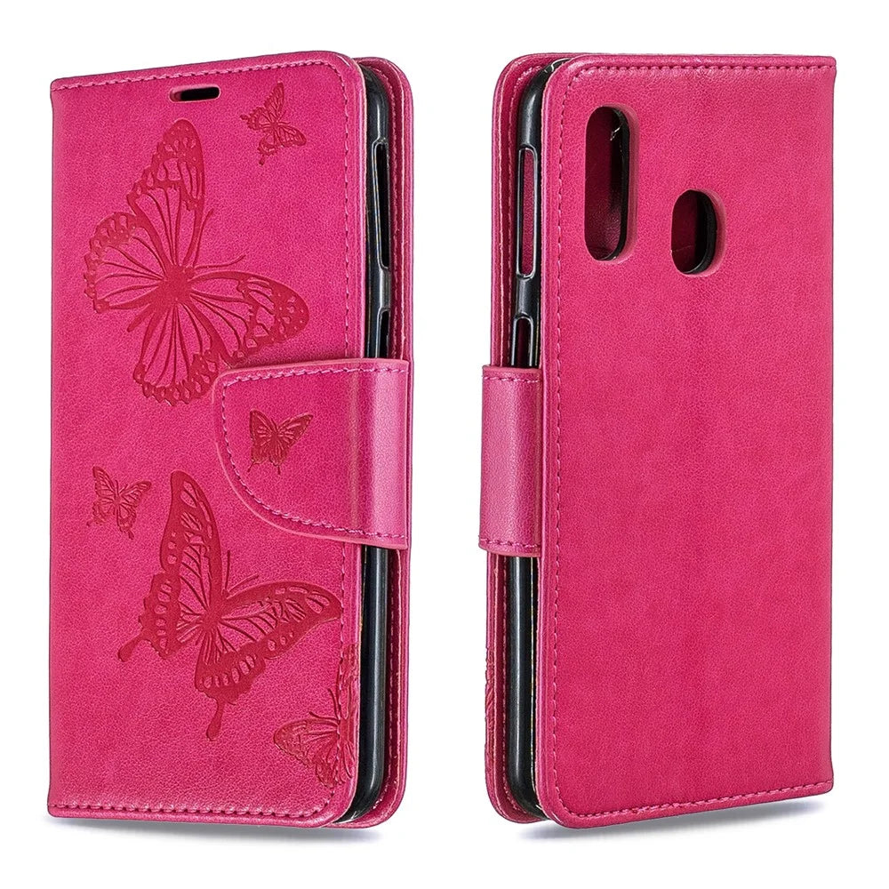 For Samsung Galaxy A40 PU Leather Imprint Butterflies Phone Case - Rose - 4