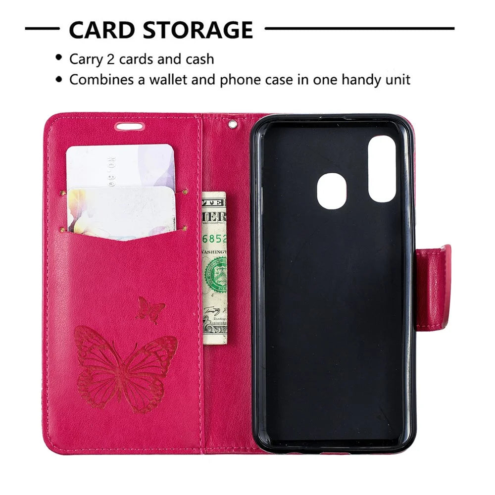 For Samsung Galaxy A40 PU Leather Imprint Butterflies Phone Case - Rose - 6