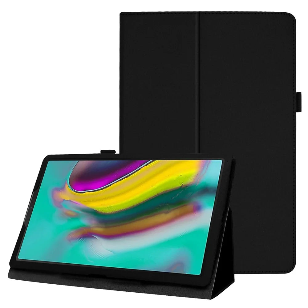 Litchi Texture Leather Case for Samsung Galaxy Tab A 10.1 (2019) Scratch Resistant Dual-fold Stand Flip Tablet Cover with Elastic Strap - Black - 1