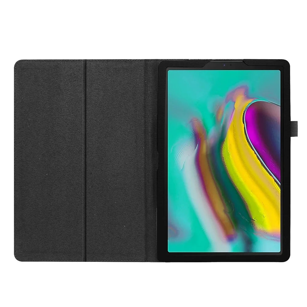 Litchi Texture Leather Case for Samsung Galaxy Tab A 10.1 (2019) Scratch Resistant Dual-fold Stand Flip Tablet Cover with Elastic Strap - Black - 2