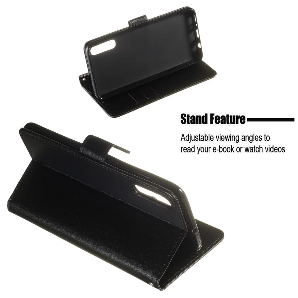 Solid Color Leather Wallet Stand Phone Case Cover for Samsung Galaxy A70 - Black - 7