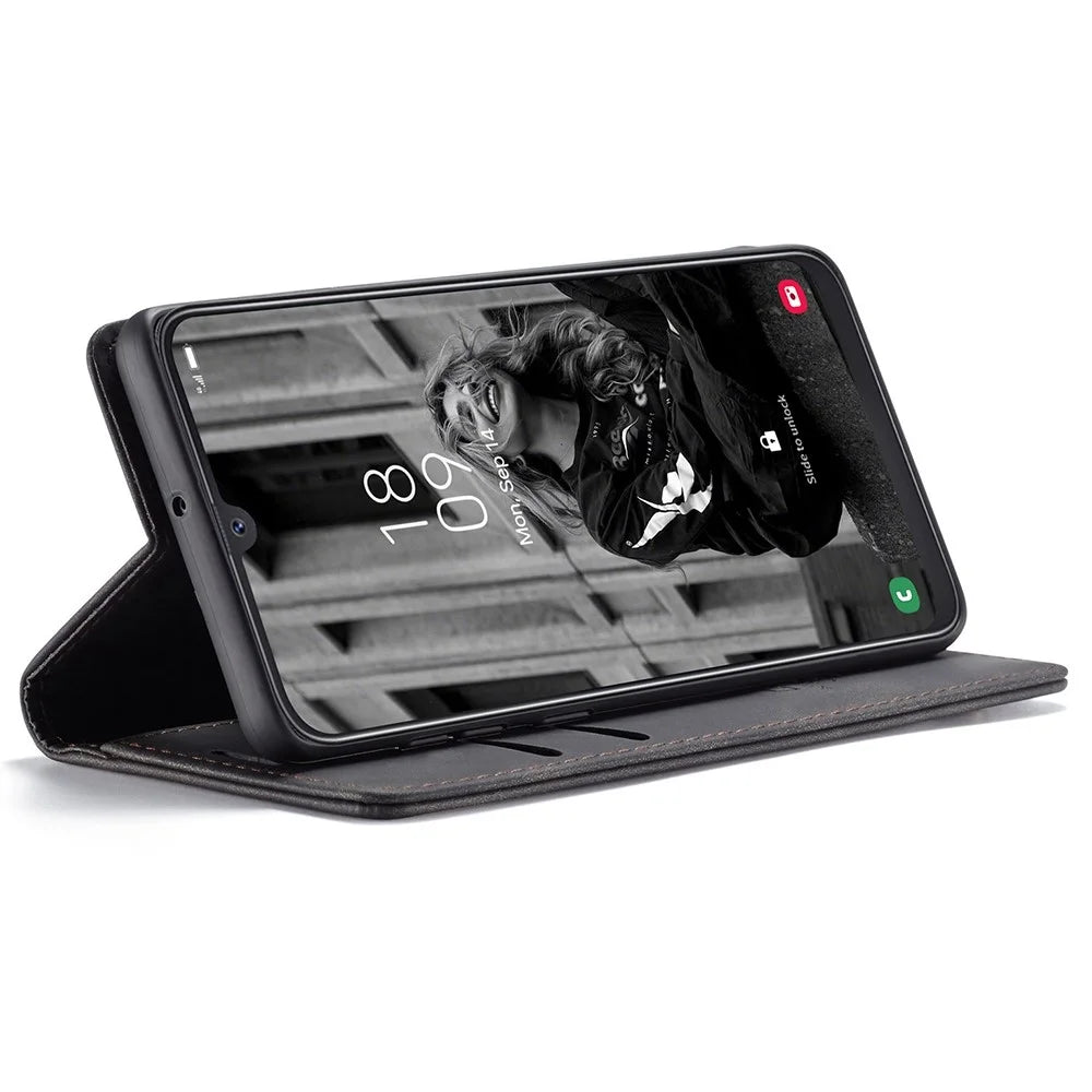 CASEME 013 Series Folio Flip Auto-absorbed Leather Wallet Stand Case for Samsung Galaxy A40 - Black - 3