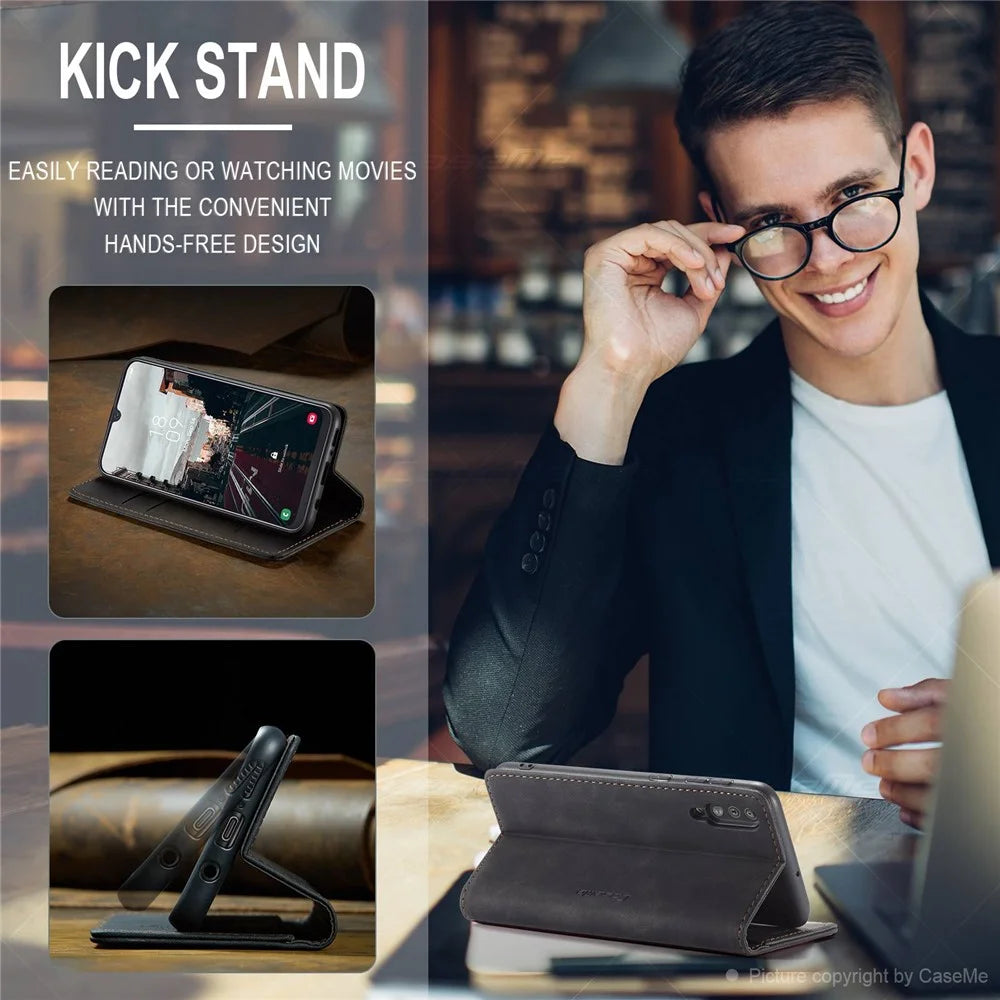 CASEME 013 Series Folio Flip Auto-absorbed Leather Wallet Stand Case for Samsung Galaxy A40 - Black - 6