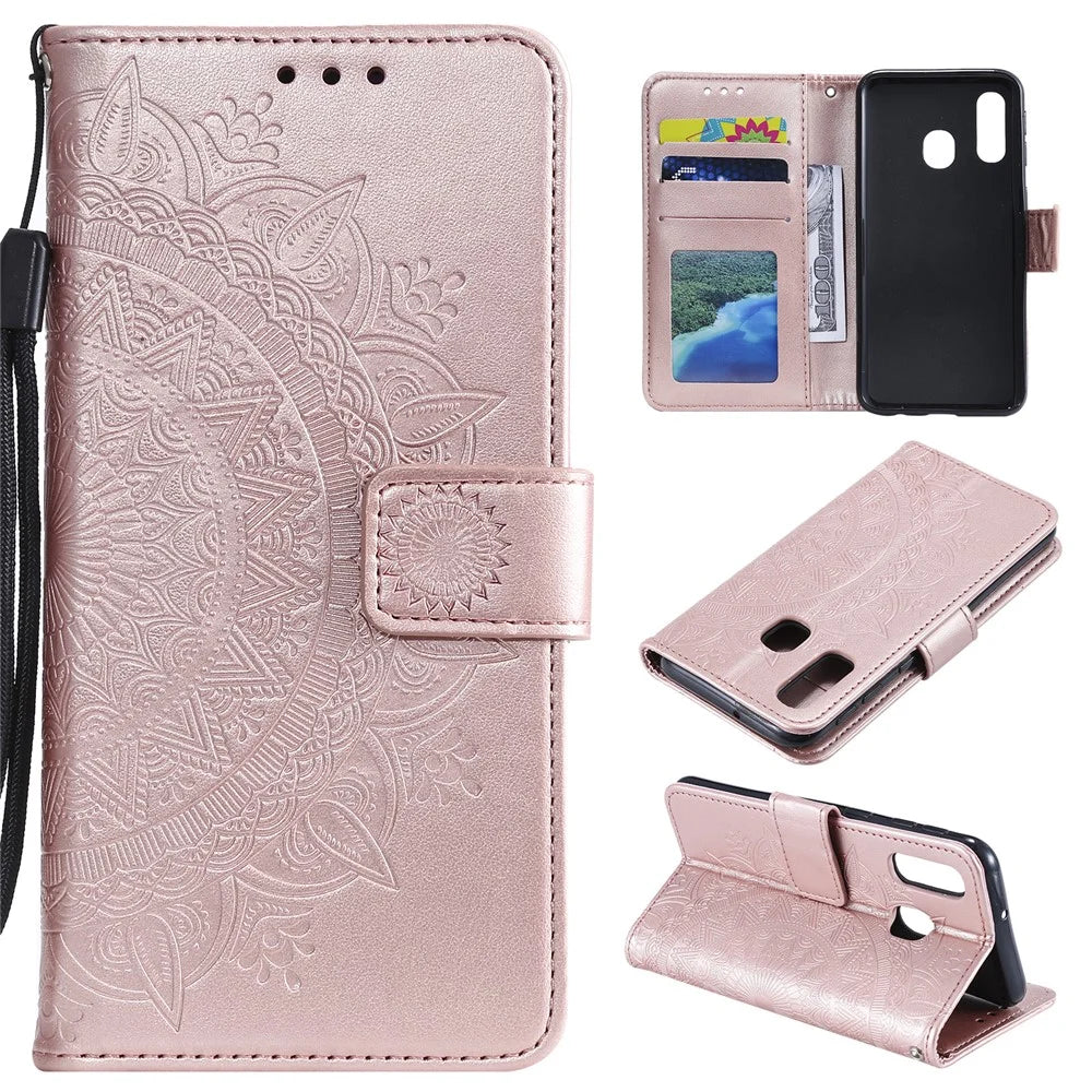 Imprint Mandala Flower Stand Wallet Leather Case for Samsung Galaxy A20e - Pink - 1