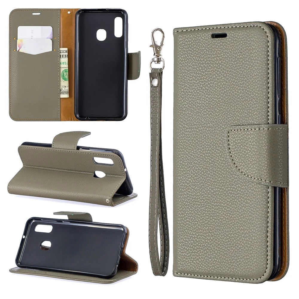 Litchi Skin Leather Wallet Case for Samsung Galaxy A20e - Grey - 1