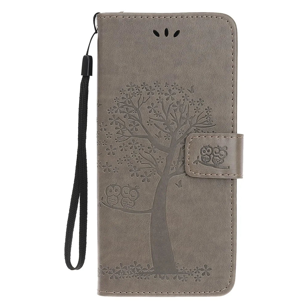 Imprint Tree+Owl Leather Wallet Phone Case for Samsung Galaxy A20e - Grey - 2