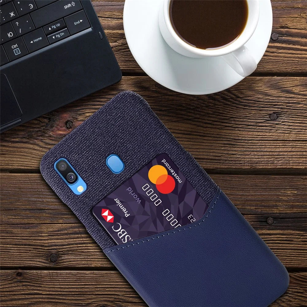 PC + PU + Cloth Hybrid Phone Back Cover Case with Card Slot for Samsung Galaxy A40 - Blue - 4