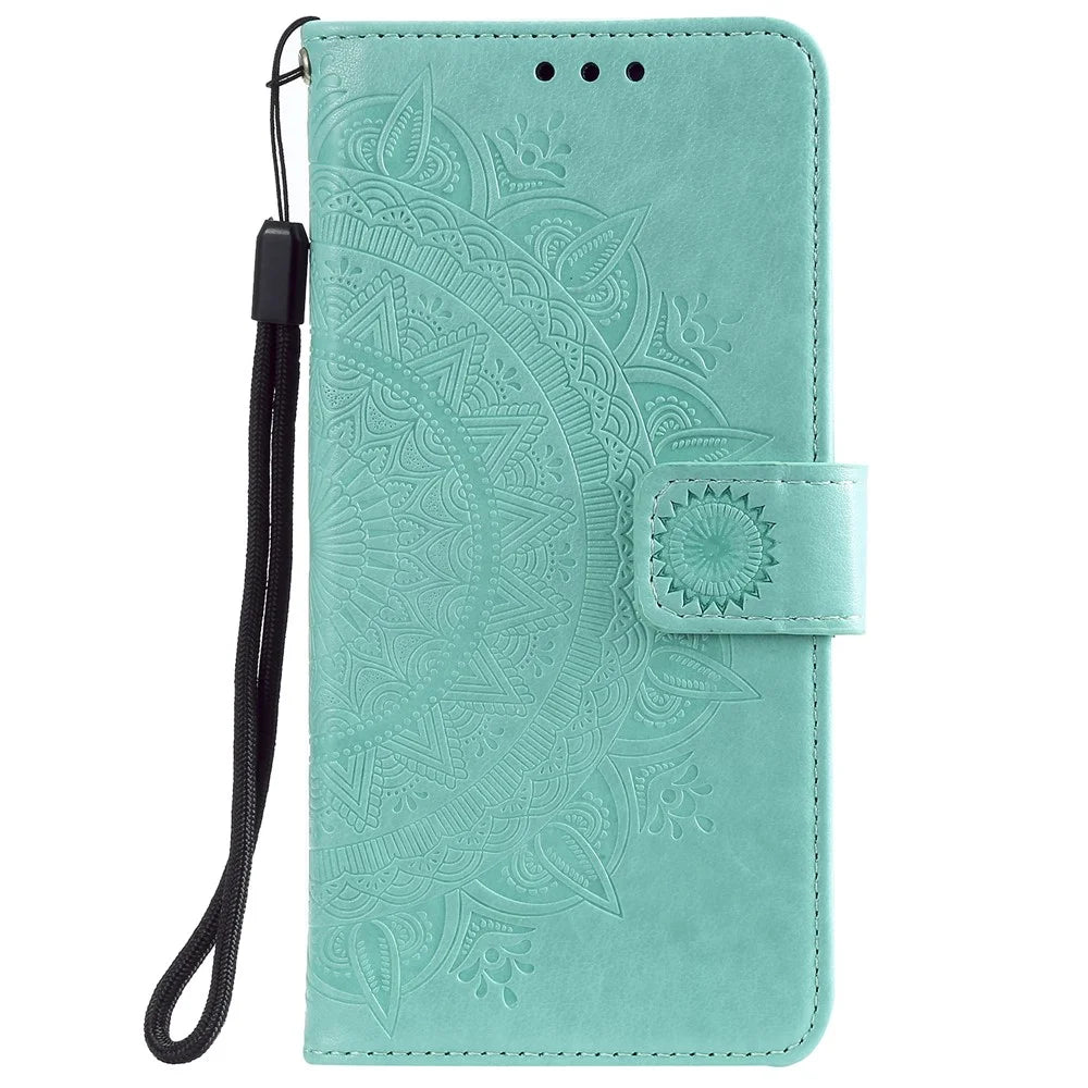 Imprint Flower Leather Wallet Case for Samsung Galaxy Note 10 / Note 10 5G - Cyan - 2