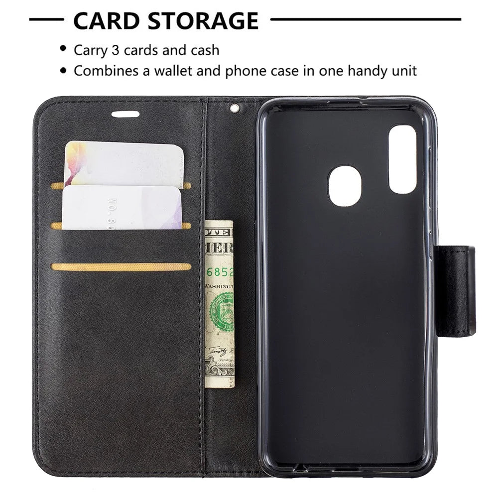 PU Leather Wallet Stand Phone Shell Cover for Samsung Galaxy A20e - Black - 6