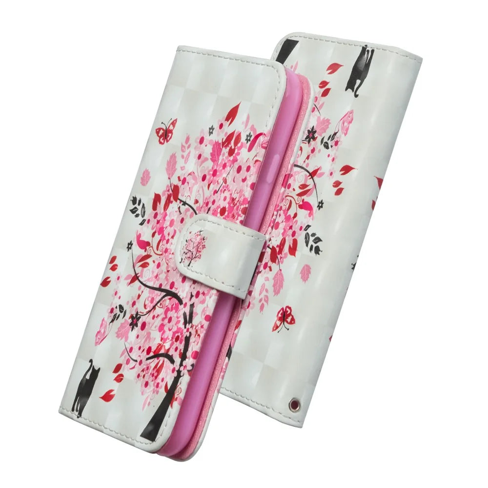 3D Printing Surface PU Leather with Wallet Cell Shell for Samsung Galaxy Note 10 / Note 10 5G  Plus / 10 Plus 5G - Cat and Flowered Tree - 4