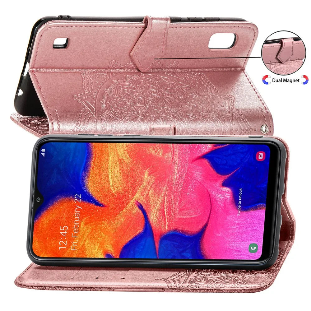 Embossed Mandala Flower Wallet Leather Case for Samsung Galaxy A10 - Pink - 7