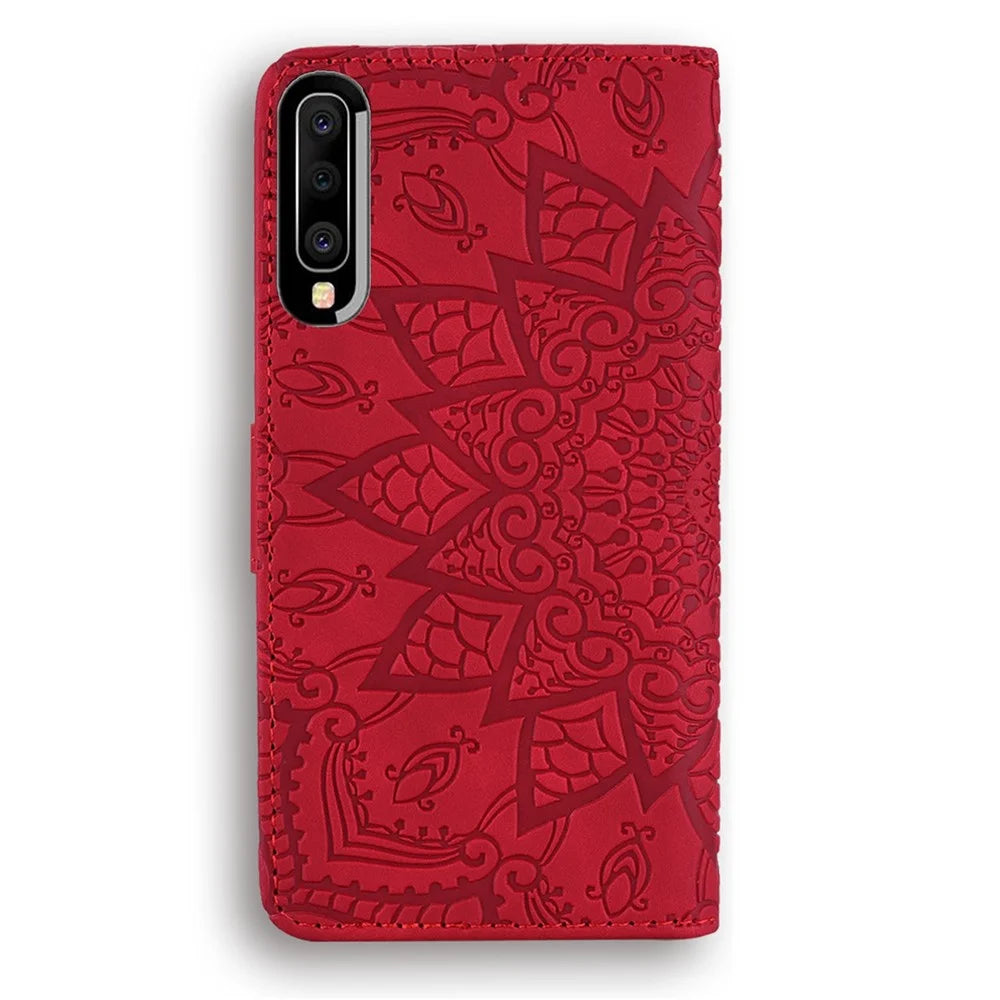 Imprint Mandala Flower Stand Wallet Leather Case Shell Cover for Samsung Galaxy A50/A50s/A30s - Red - 6