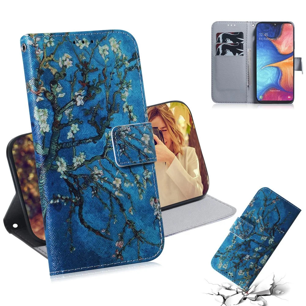 Pattern Printing Leather Wallet Case for Samsung Galaxy M30s / M21 - Tree with Flowers - 1