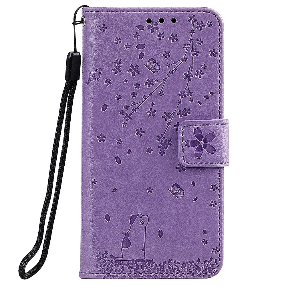 Imprint Sakura Cat Leather Wallet Case for Samsung Galaxy A10/M10 - Purple - 1