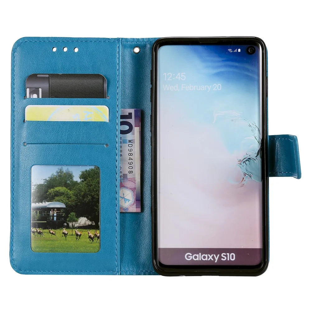 Imprint Sakura Cat Leather Wallet Stand Case for Samsung Galaxy S10 - Blue - 2