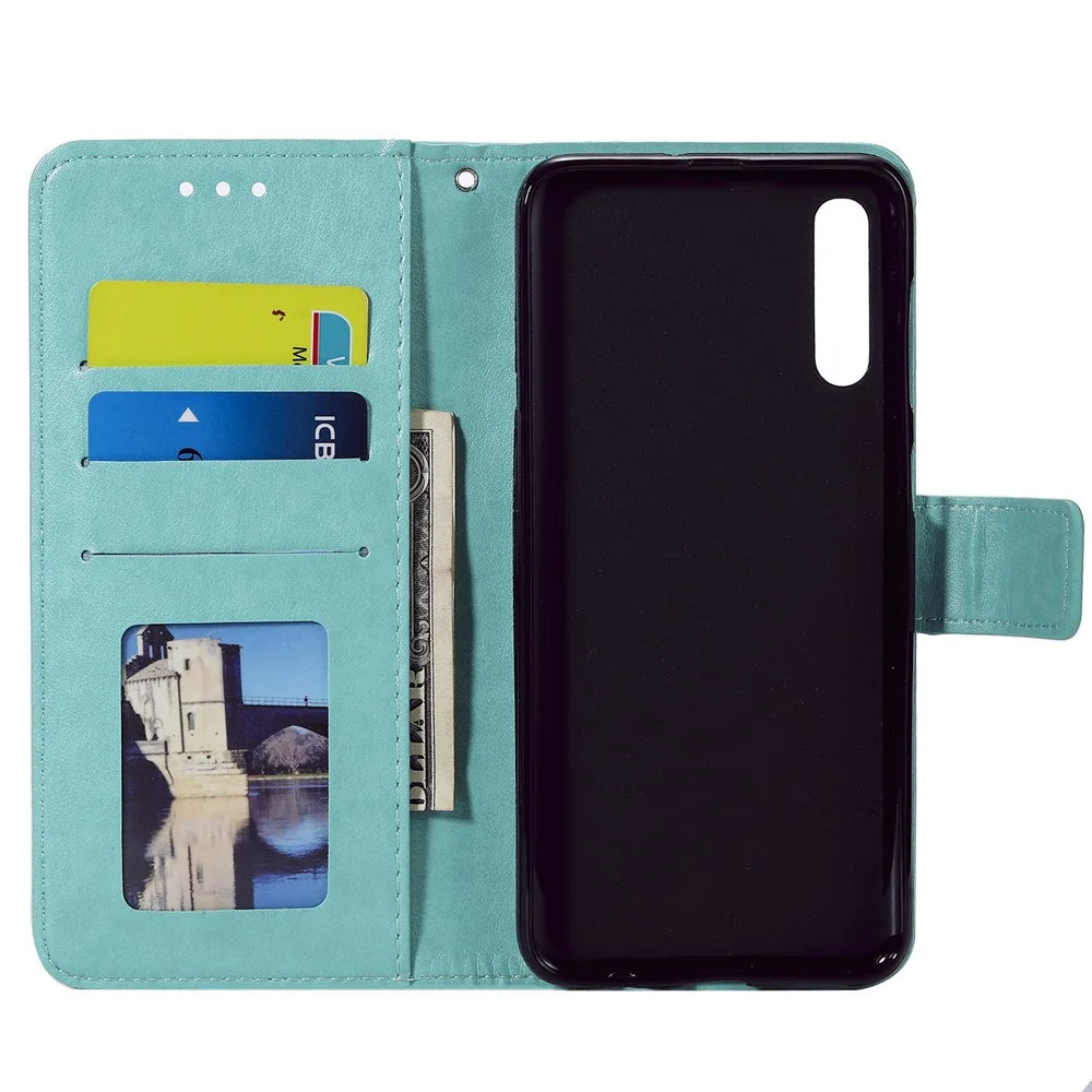 Imprint Sakura Cat Leather Cover for Samsung Galaxy A50 / A30s / A50s - Cyan - 5