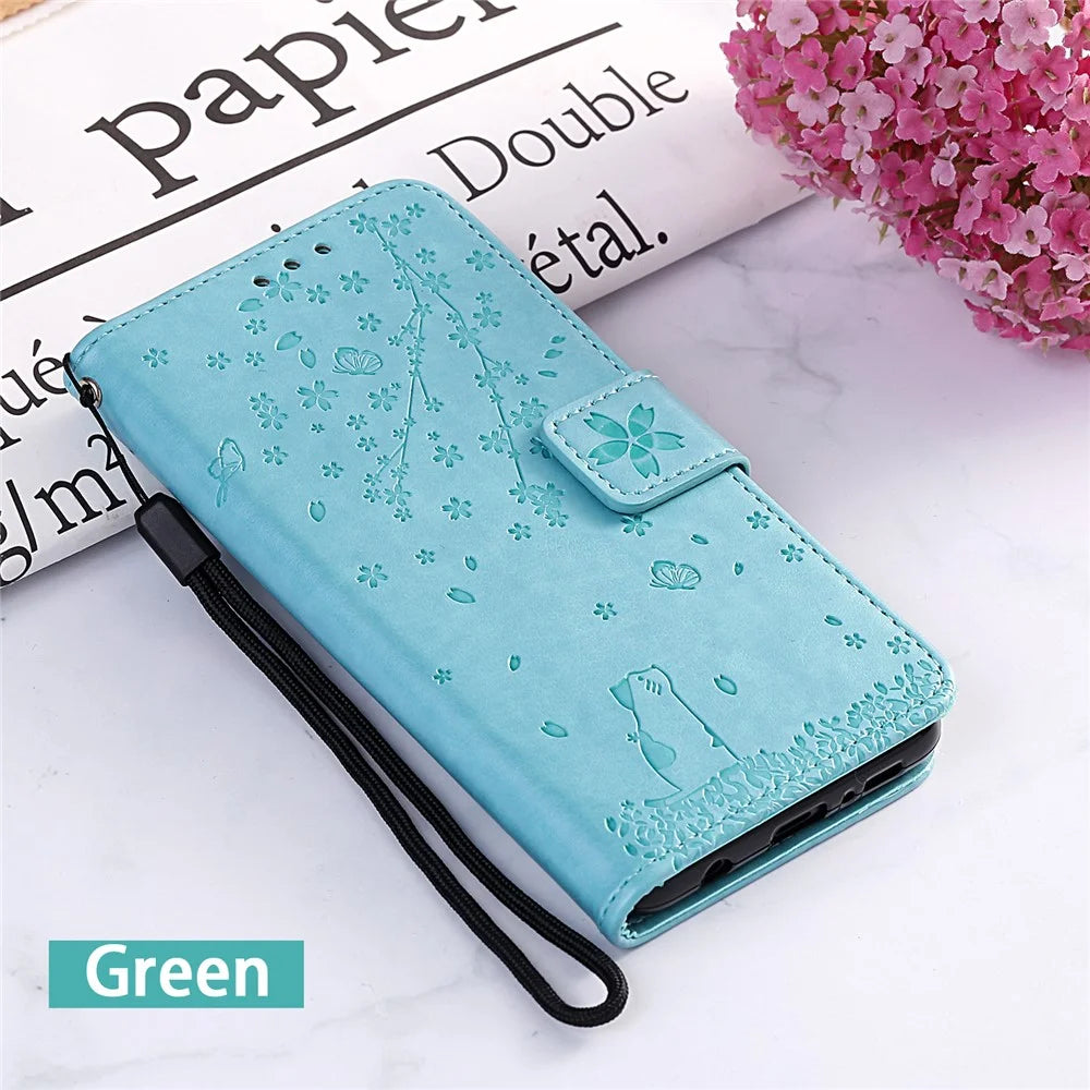 Imprint Sakura Cat Leather Cover for Samsung Galaxy A50 / A30s / A50s - Cyan - 6