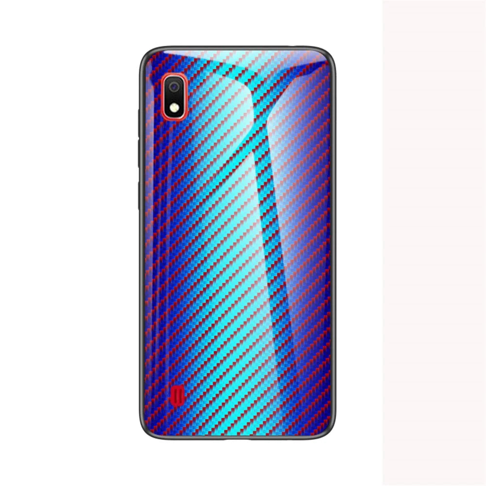 For Samsung Galaxy A10 Carbon Fiber Texture Tempered Glass + PC + TPU Shell - Blue - 2