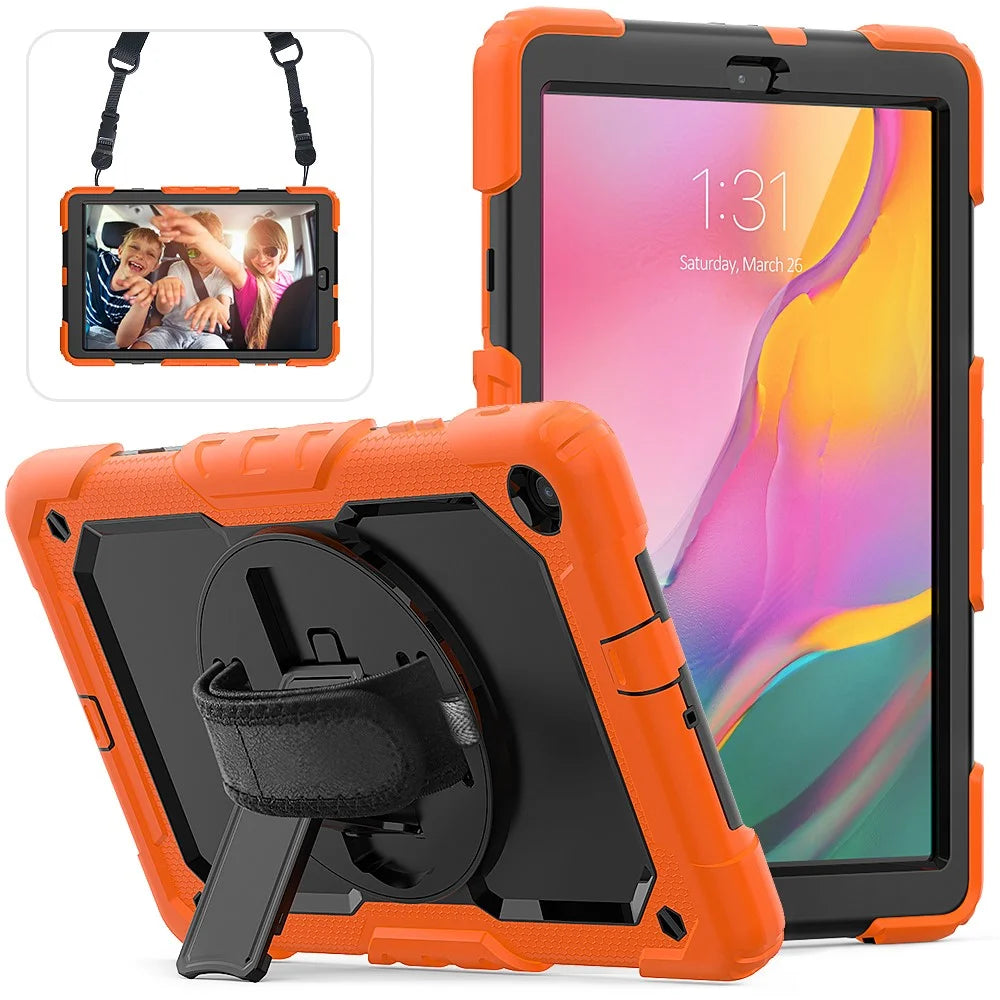 PC Silicone Kickstand Case with Strap Screen Protector for Samsung Galaxy Tab A 10.1 (2019) SM-T510/T515 - Orange/Black - 1