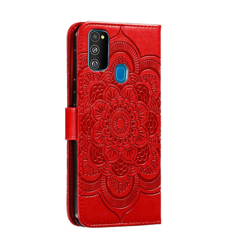 Imprint Mandala Flower Leather Wallet Stand Case for Samsung Galaxy M30s / M21 - Red - 4