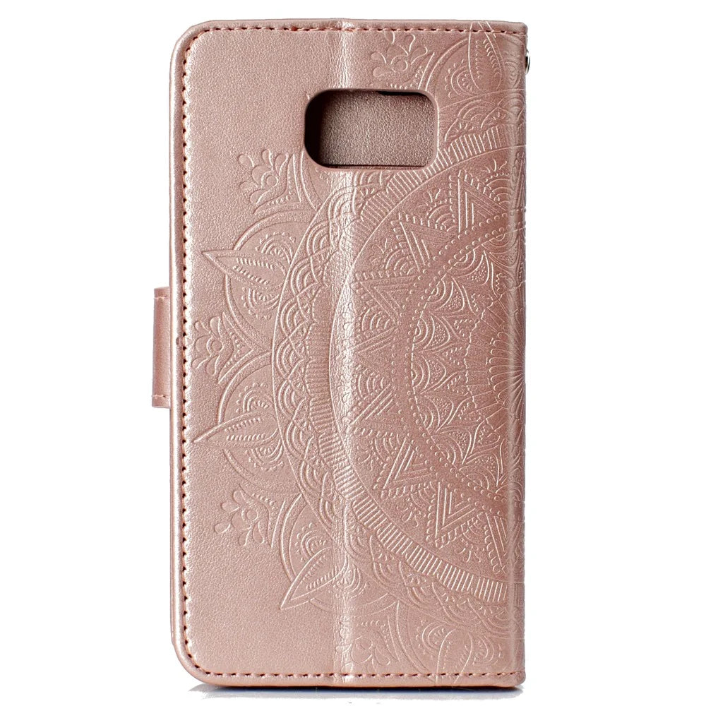 Imprint Flower Leather Wallet Stand Case for Samsung Galaxy S6 G920 - Rose Gold - 3