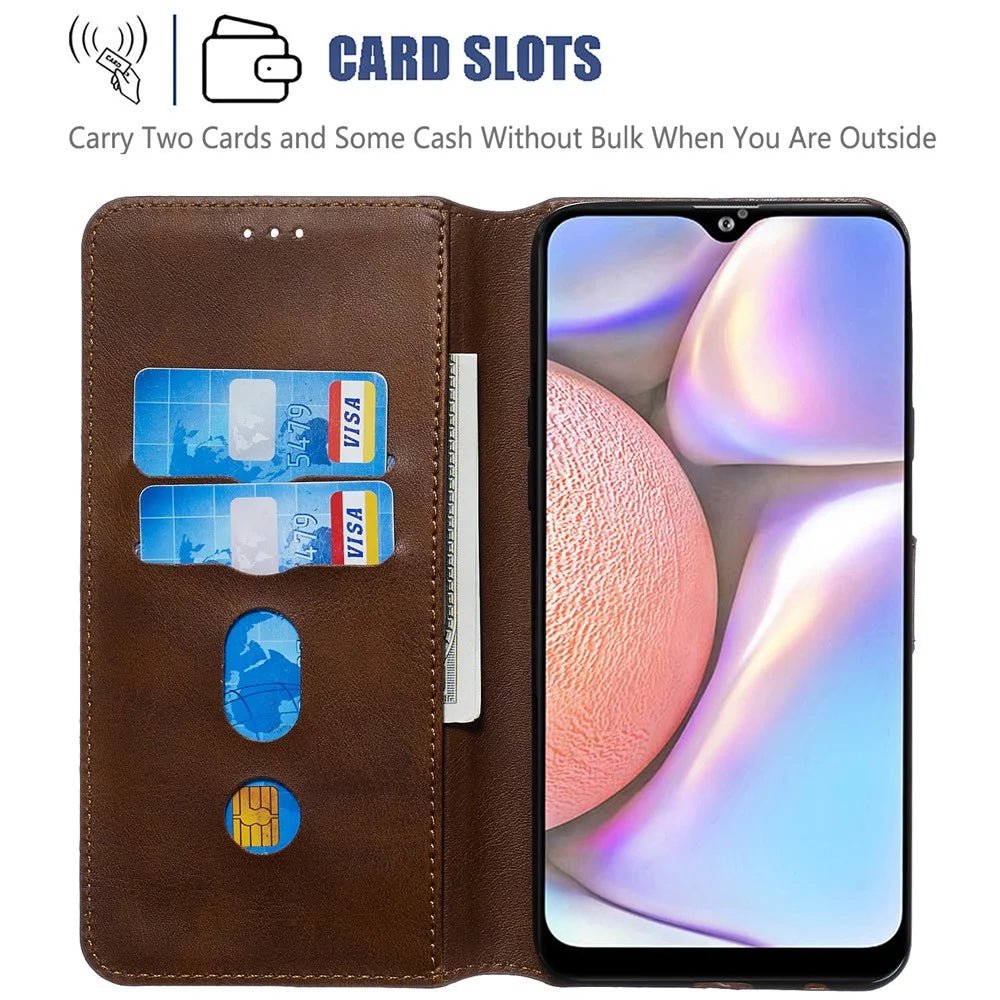 For Samsung Galaxy A20s Solid Color Protective Leather Wallet Cover Shell - Brown - 7