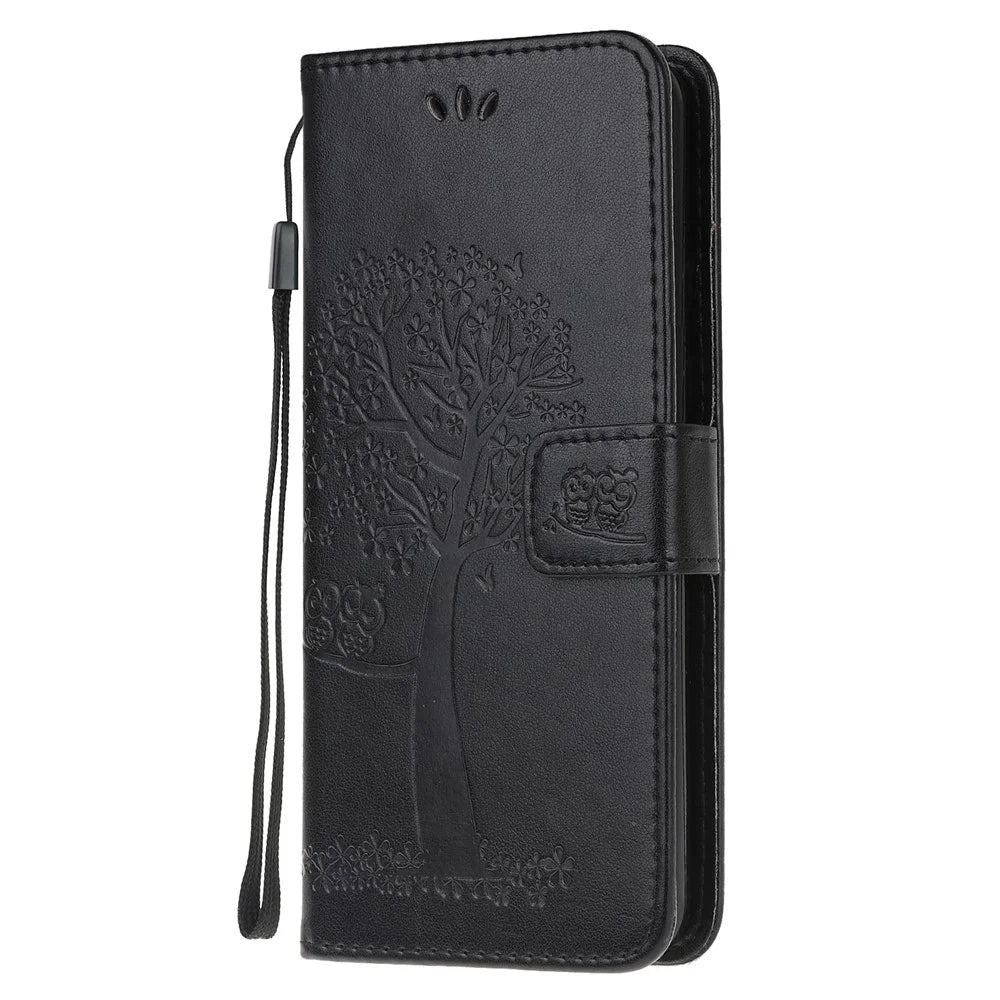 Imprint Tree Owl Leather Wallet Stand Phone Shell for Samsung Galaxy A71 - Black - 2