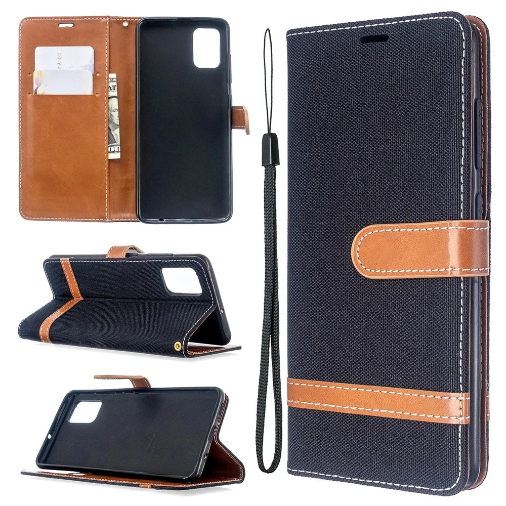 Assorted Color Jeans Cloth Leather Wallet Case for Samsung Galaxy A51 - Black - 1