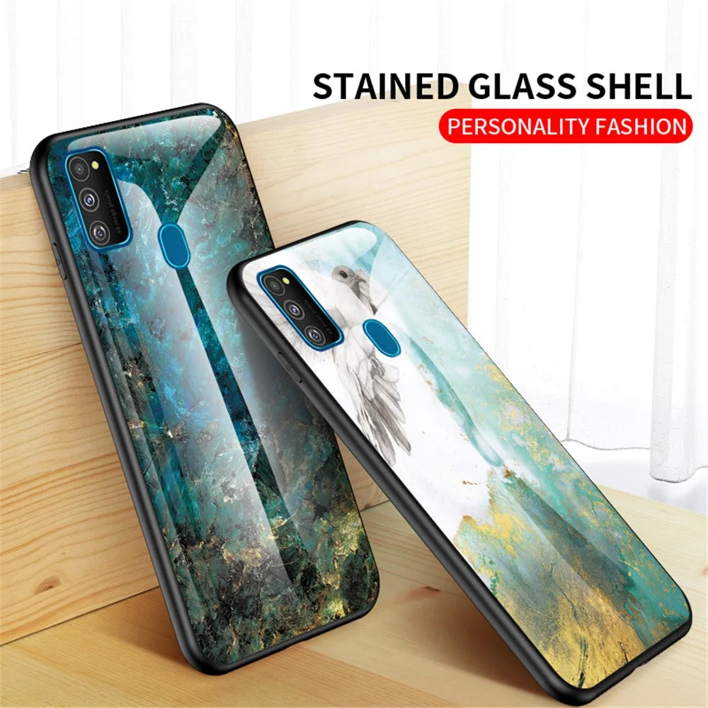 Marble Grain Pattern Tempered Glass PC + TPU Combo Case for Samsung Galaxy M30s/M21 - Emerald - 4