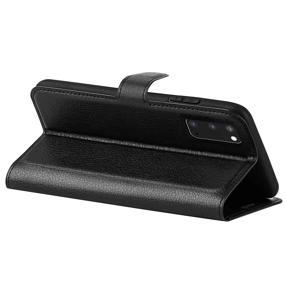 Litchi Surface Wallet Leather Stand Case for Samsung Galaxy S20 4G / S20 5G Cell Phone Case Shell - Black - 4